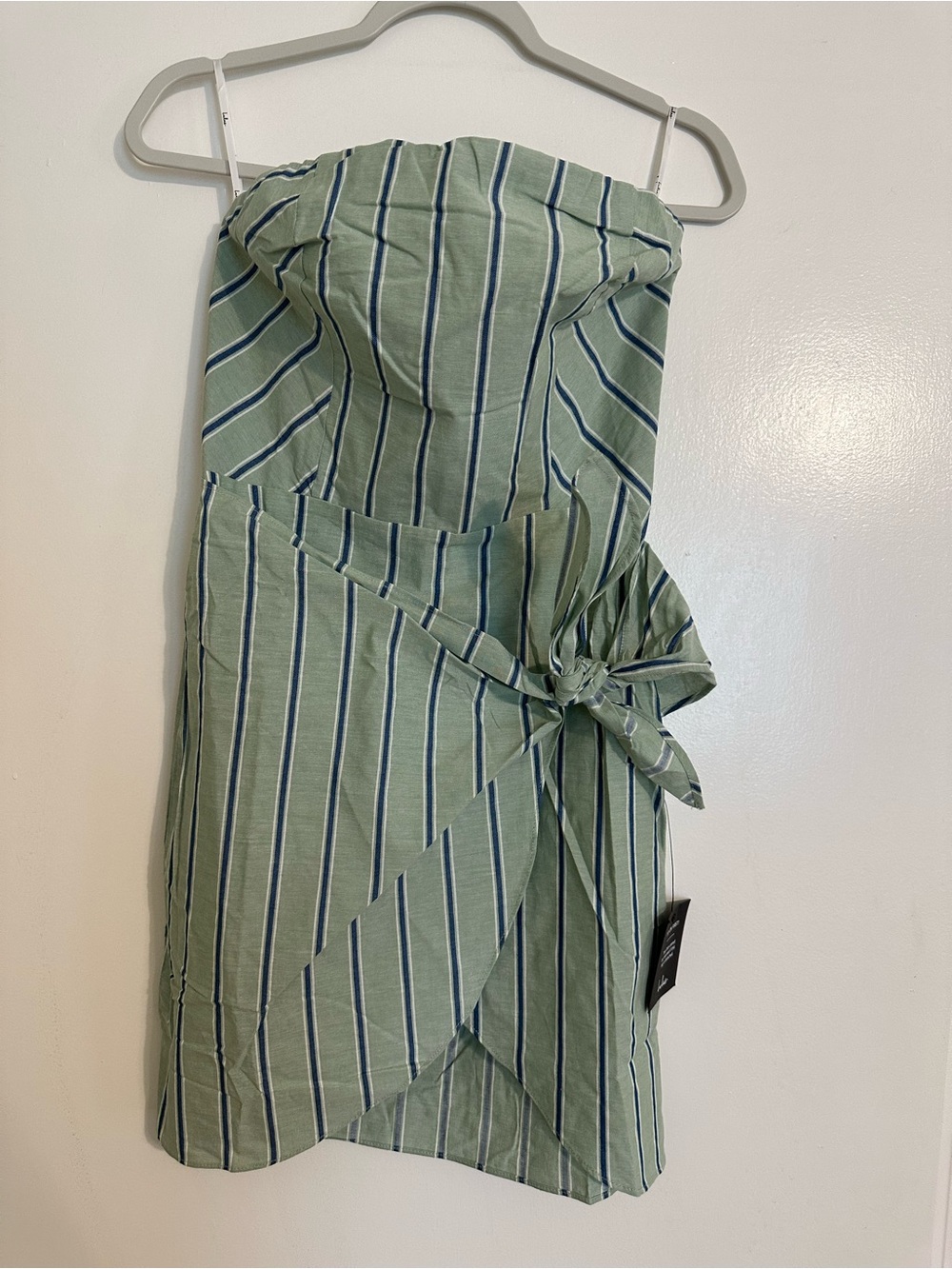 Striped Sage Green Strapless Tie-Waist Dress